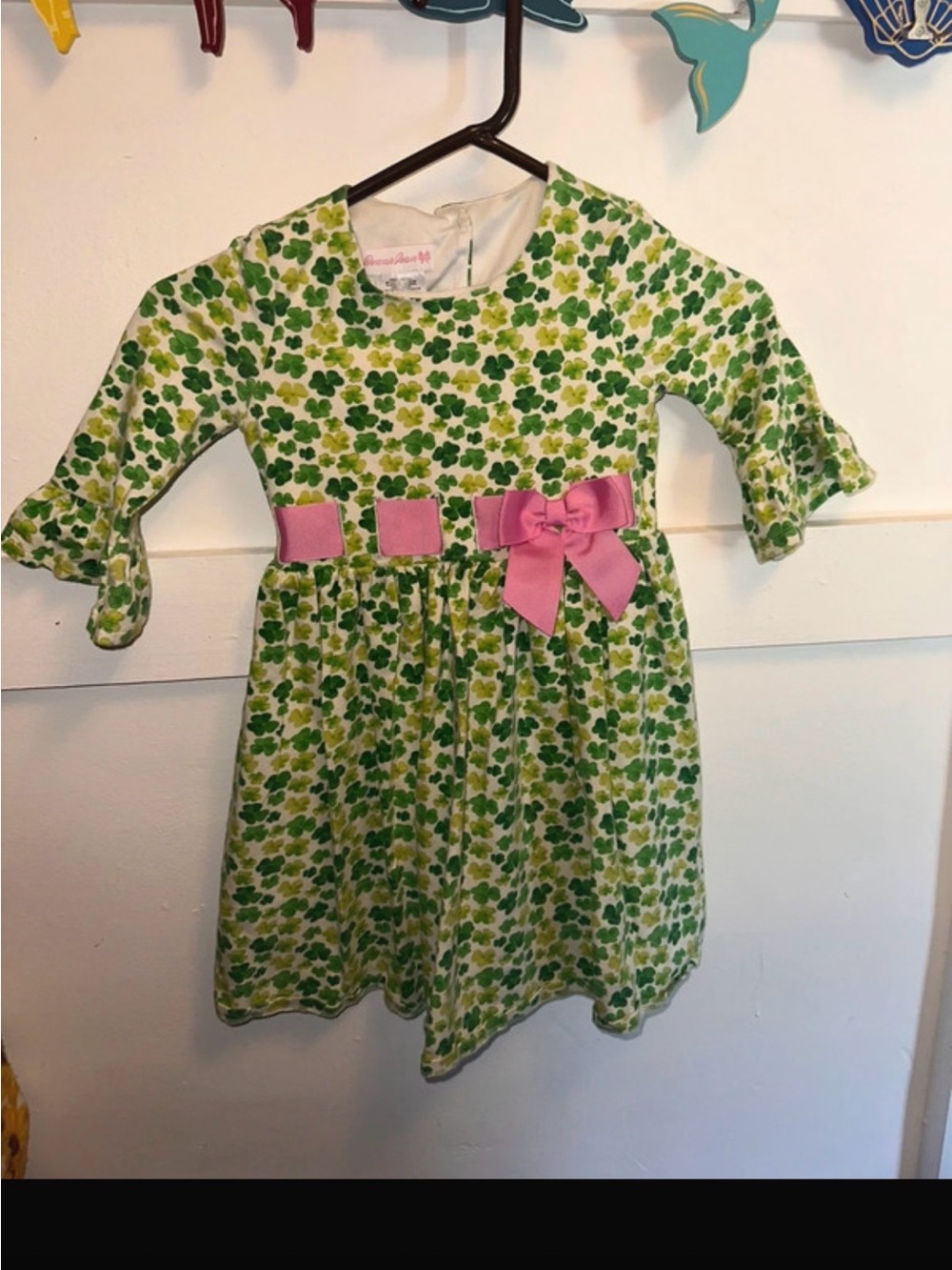 Bonnie Jean Green Clover Print Dress with Pink Bow